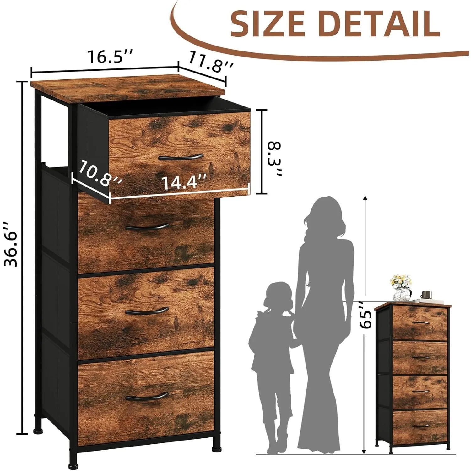 Tall Dresser for Bedroom with 4 Drawers, Storage Organizer Chest of Drawers with Removable Fabric Bins for Living Room Closet