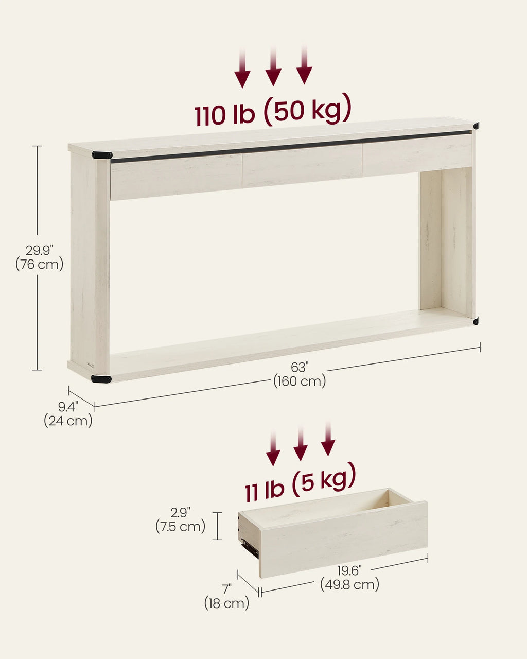 VASAGLE Console Table, 63 Inches Sofa Table, Narrow Entryway Table, Entry Table with 3 Drawers, Bottom Shelf, Metal Corners