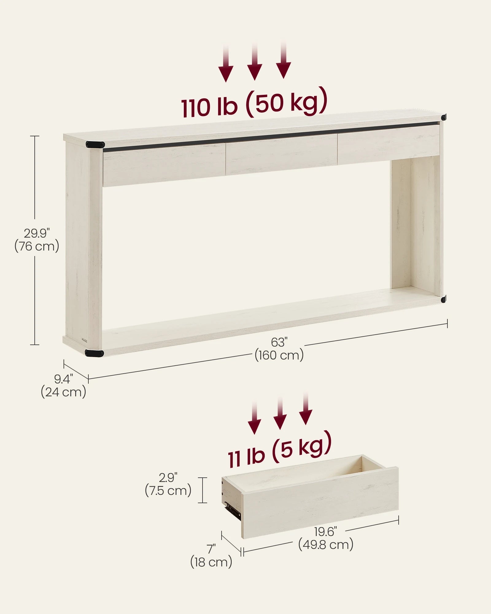 VASAGLE Console Table, 63 Inches Sofa Table, Narrow Entryway Table, Entry Table with 3 Drawers, Bottom Shelf, Metal Corners