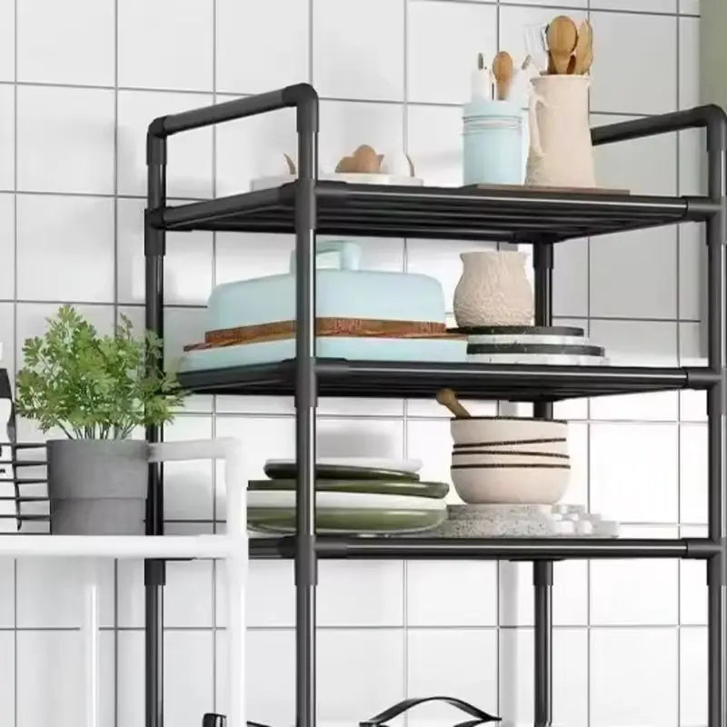 Floor-Standing Multi Layer Storage Rack Shelf with Pulley Trolley Bathroom Kitchen Microwave Storage Rack Kitchen Accessories