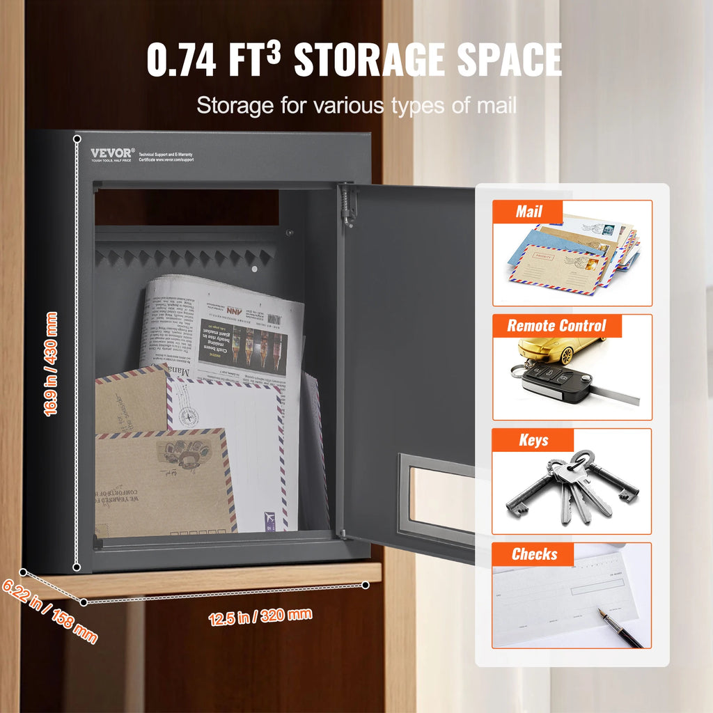 VEVOR Through The Wall Drop Box, Heavy Duty Steel Through the Wall Mailbox with 2.8-7.9" 13" Combination Lock, Mail Drop Box