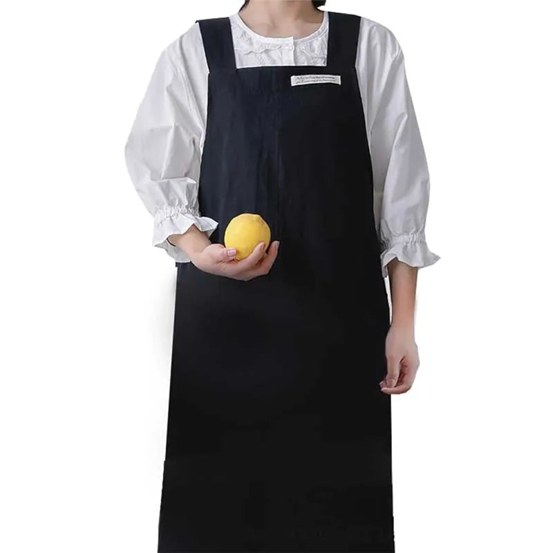Stain-resistant Cotton Linen Cross-back Kitchen Apron With Pocket Plain Women's Pinafore For Cooking Cleaning Gardening Baking