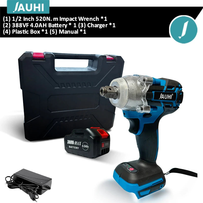 JAUHI 520N.M Brushless Electric Impact Wrench Cordless Electric Wrench 1/2 Inch Screwdriver Power Tools For Makita 18V Battery