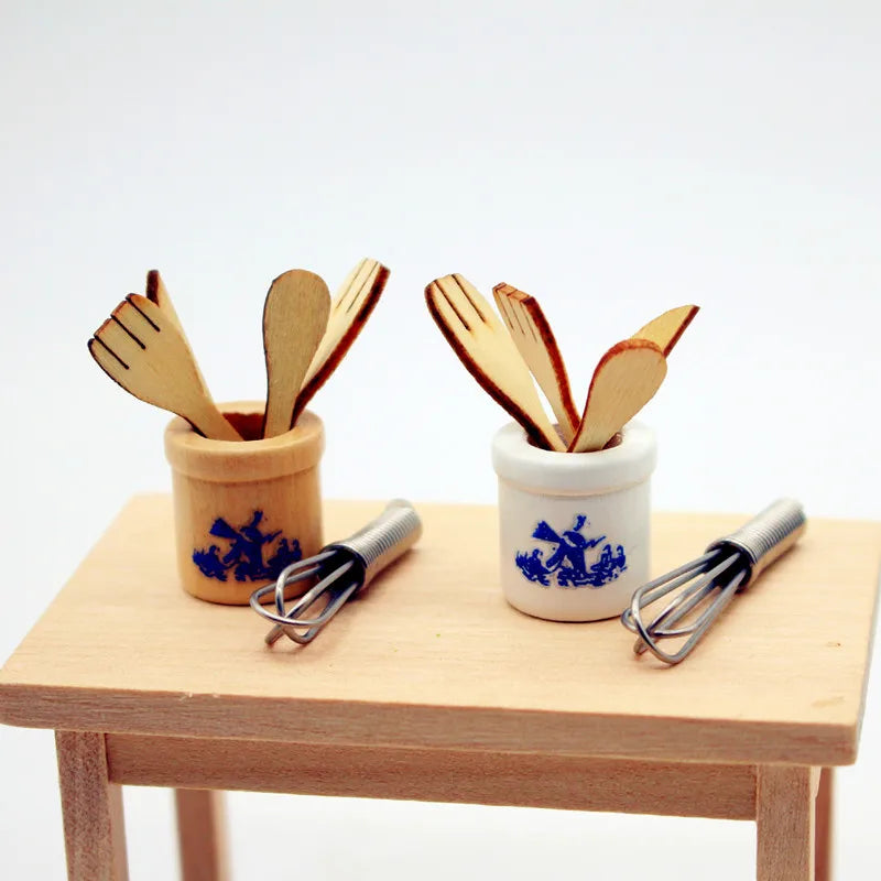 Miniature Dollhouse Kitchen Tools Set Wooden Spatula Knife Fork Egg Beater Jar For Home Decor Photography Props Mini Toys