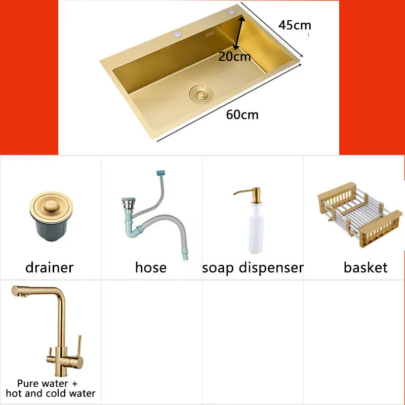Gold Kitchen Sink Above Counter 304 Stainless Steel Single Bowl Goldn Basket Drainer Soap Dispenser Washing Basin