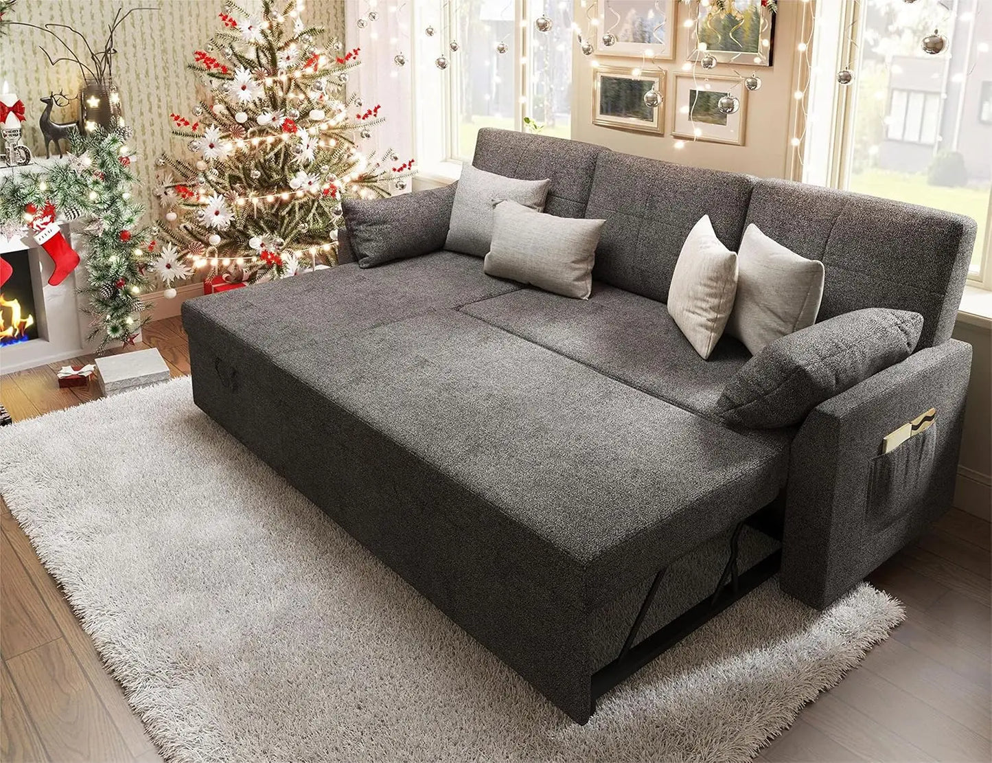 Grey Linen Sleeper Sofa / Sofa Bed - 2-in-1 Pull Out Couch w/ Storage Chaise, Living Room | AlluCanFind