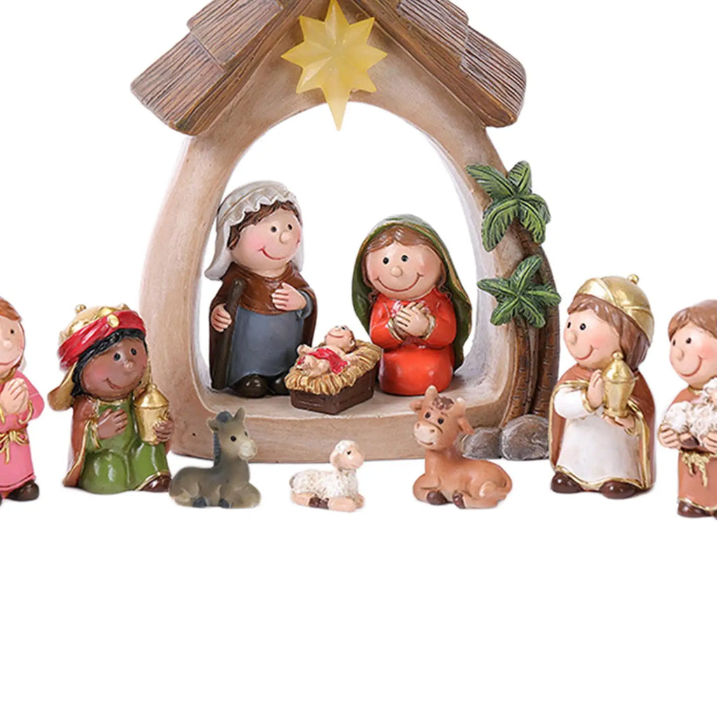 12Pcs Christmas Nativity Figurines with Light Resin Holy Family Birth of Jesus for Christmas Tabletop Church Shelf Chapel