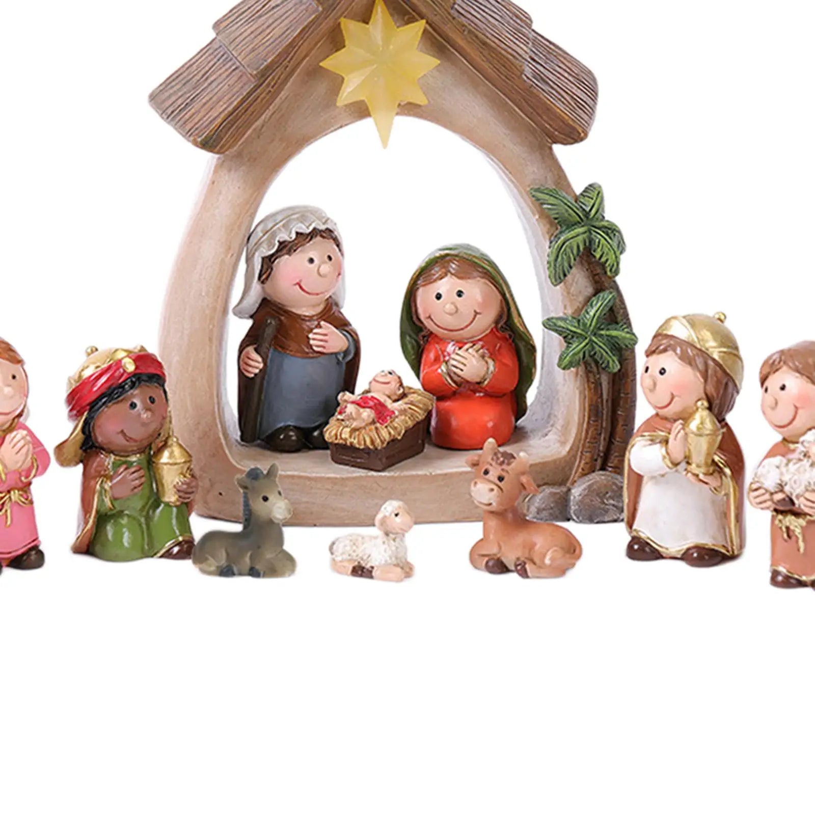 12Pcs Christmas Nativity Figurines with Light Resin Holy Family Birth of Jesus for Christmas Tabletop Church Shelf Chapel