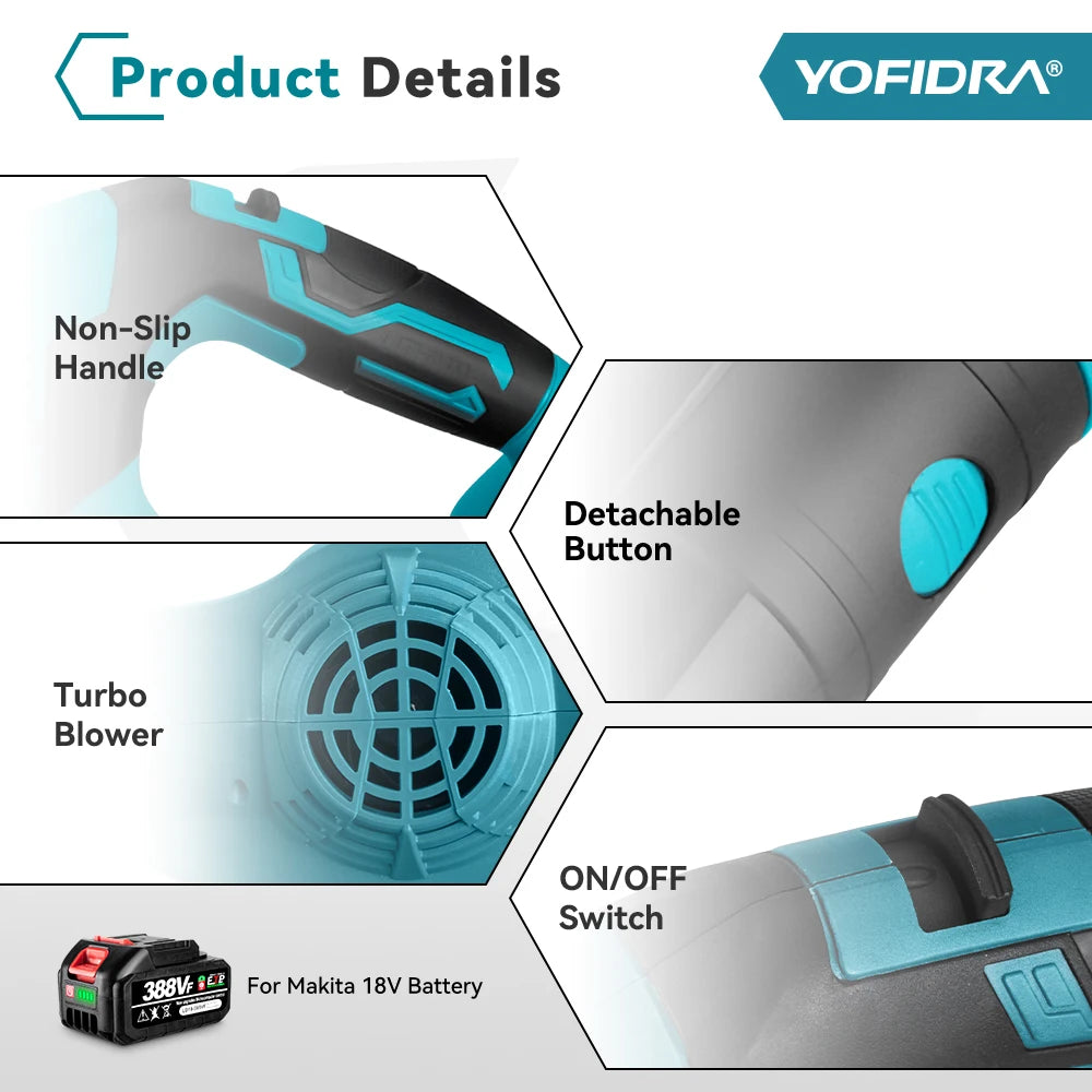 Yofidra Cordless Electric Blower with 1/2 Battery Leaf Blower Snow Dust Blower Garden Power Tool For Makita 18V Battery Pin
