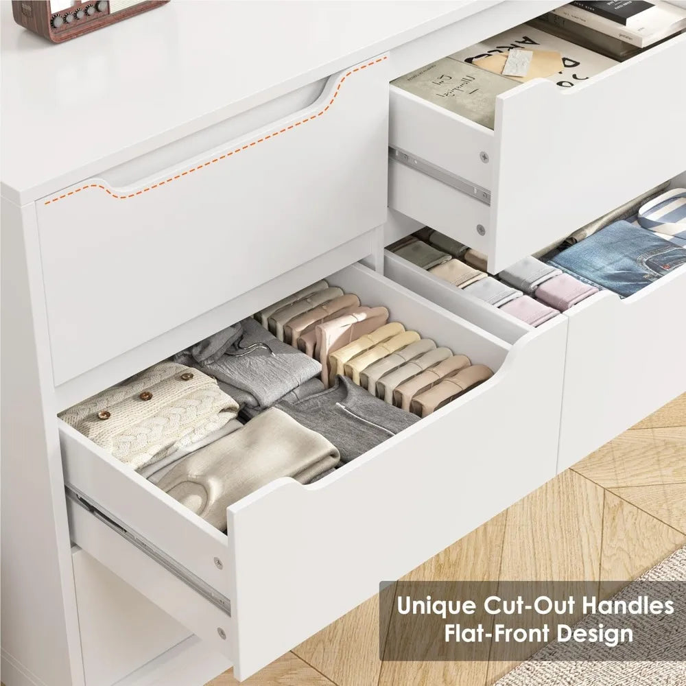 Modern 6 Drawer Dresser for Bedroom, Double Chest of Drawers with Storage, Large Wooden Storage Dresser Organizer with Cut-Out