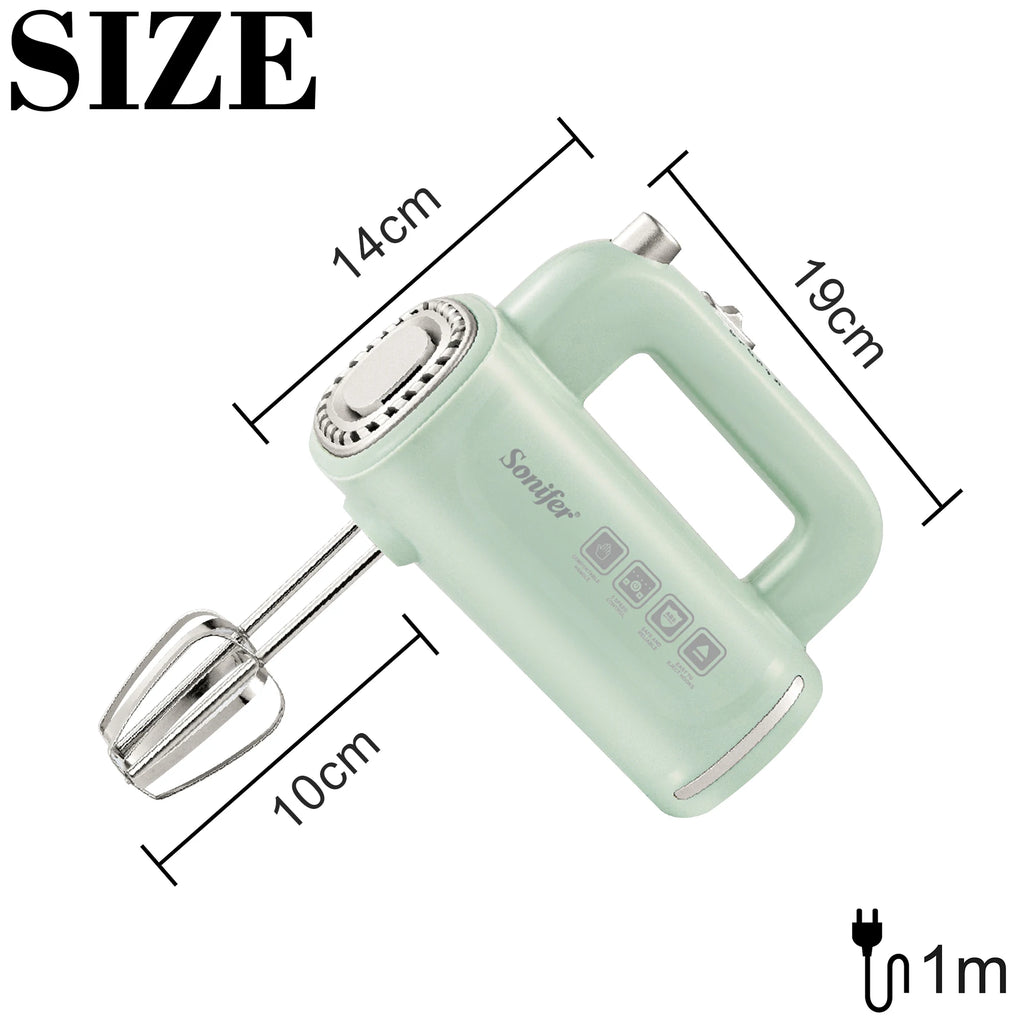 "Sonifer Hand Mixer SF-7034 .Light green appearance, fresh color .New food grade high strength ABS materiel .5 gears sliding adj