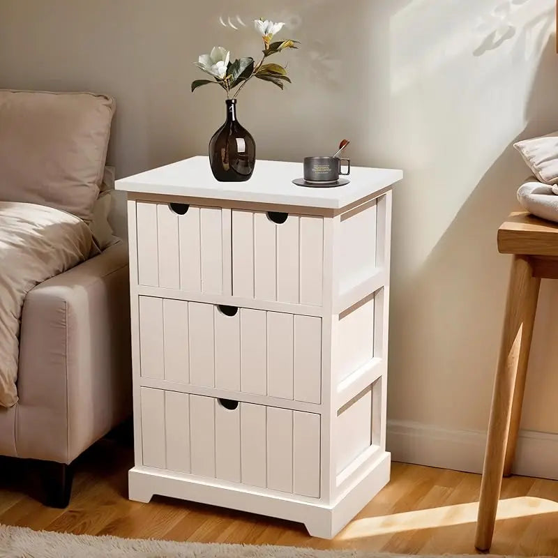 White Nightstand with 4 Drawers, Modern Bedside Table with Storage, Wooden Dresser for Bedroom, Night Stand with Drawers, Sturdy