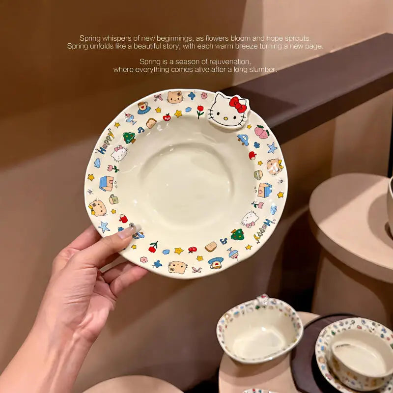 Hellokitty Cartoon Kawaii Ceramic Tableware Household Rice Bowls Sand Bowls Household Vegetable Dishes Complete Set of Tableware