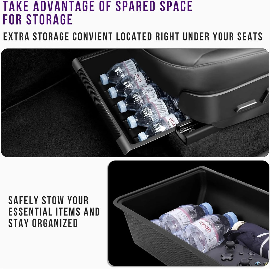 2-Pack Under Seat Organizer for Tesla Model Y (2020, 2021, 2022, 2023, 2024) Hidden Storage Boxes with Lids, Maximize Space,Easy
