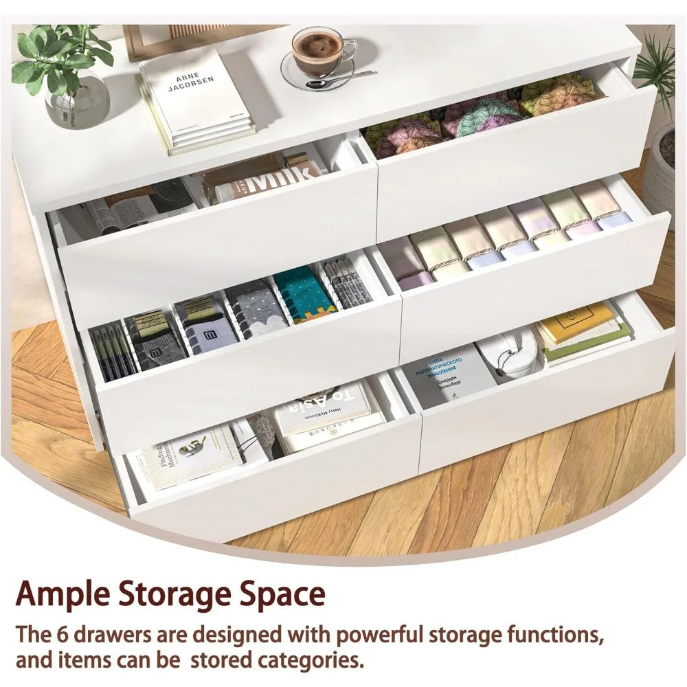6 Drawer Dresser for Bedroom Modern, Chest of Drawers Wide Wooden Storage Organizer, Deep Double Wood Closet Cabinet, White TV S