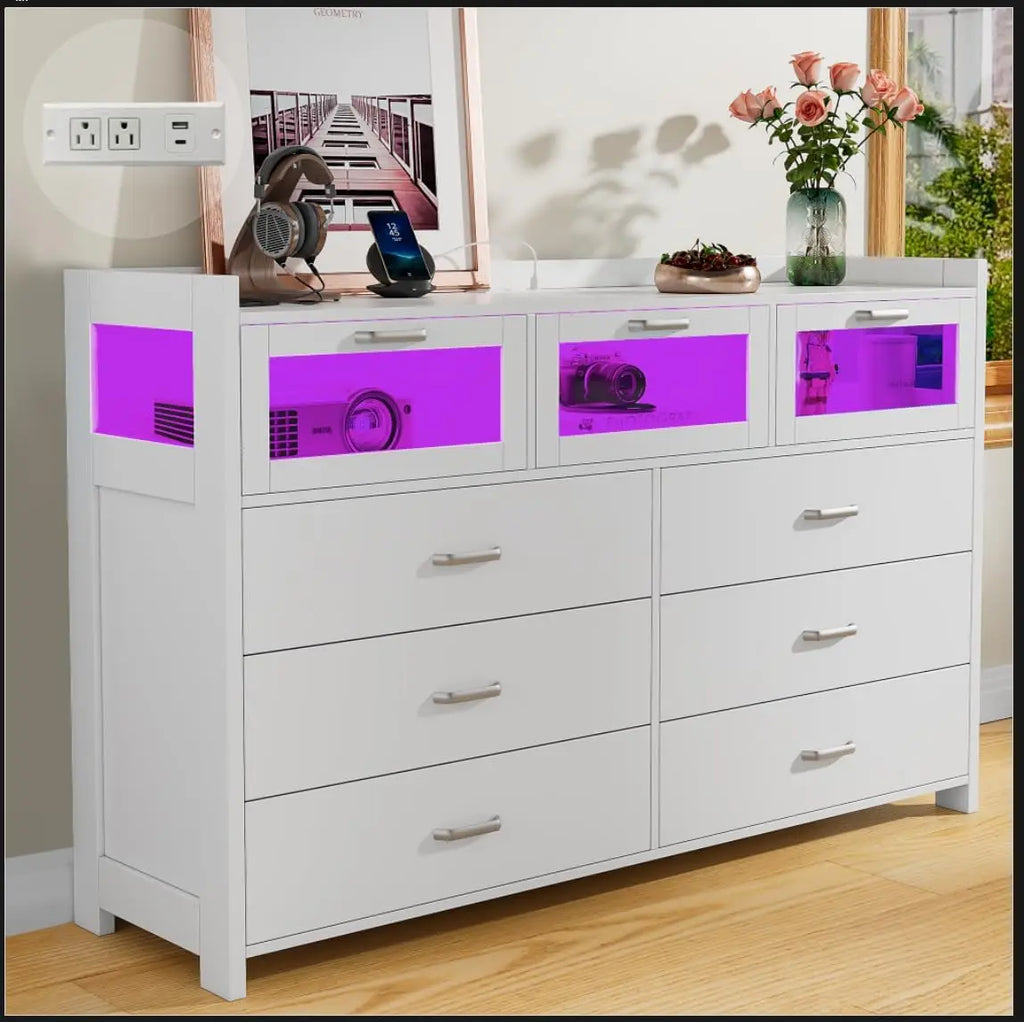 White Dresser for Bedroom, 9 Drawers Dresser with LED Lights and Charging Station, Chest of Dresser for Bedroom.
