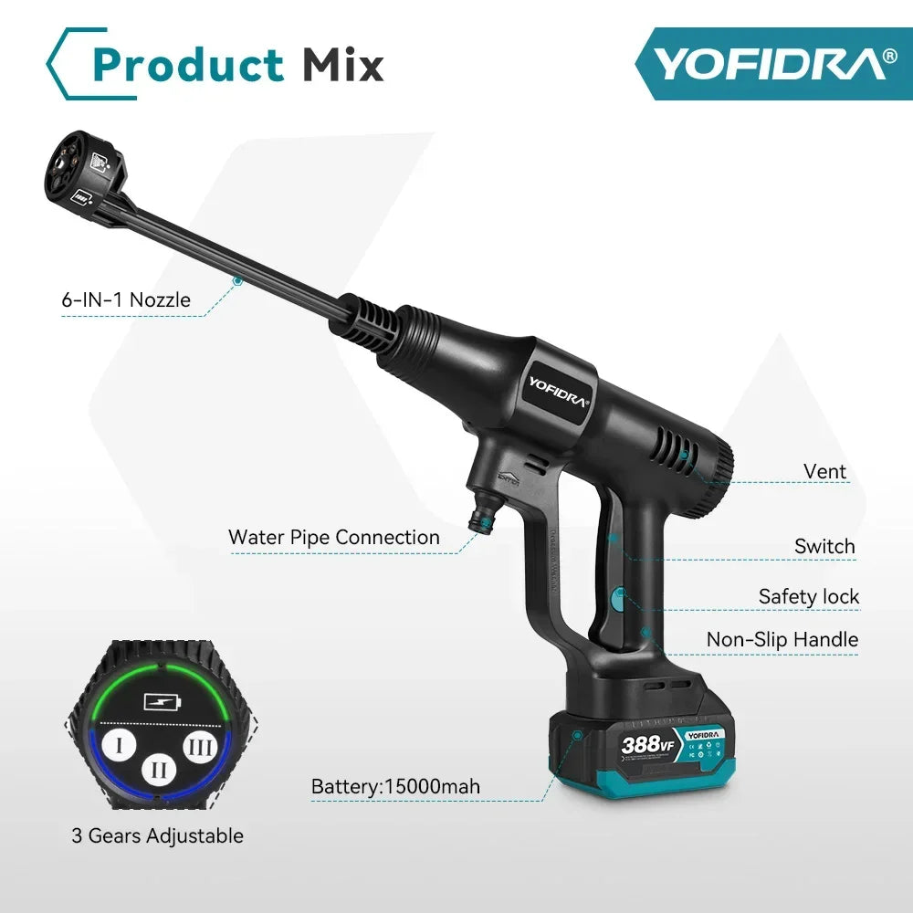 Yofidra 200Bar Brushless Electric Water Gun 3 Gears Cordless Rechargeable Car Garden Cleaning Tools For  18V Battery