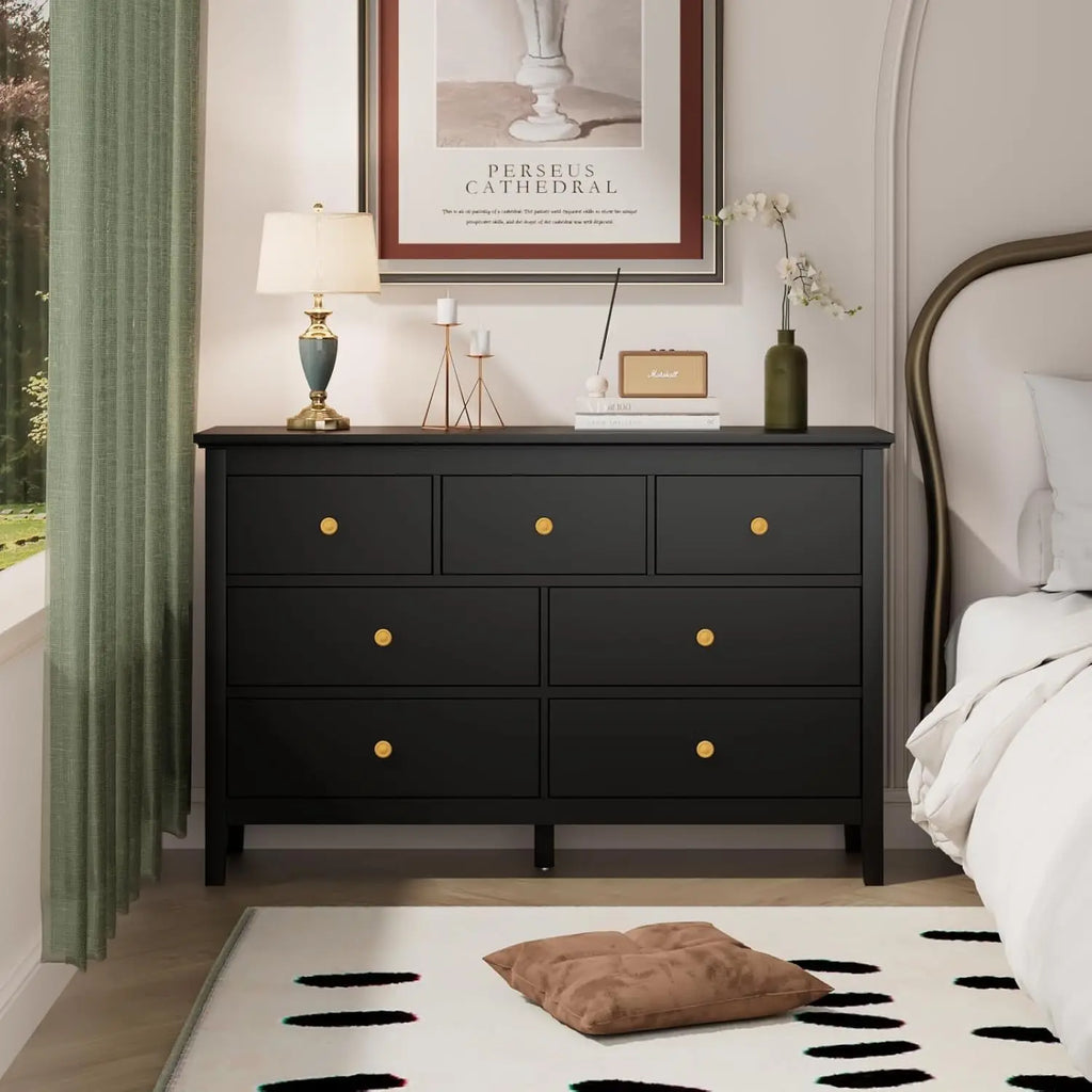 7 Drawers Dresser for Bedroom, Black Dressers & Chests of Drawers with Gold Handles and 7 Large Drawer, Wooden Storage Cabinet