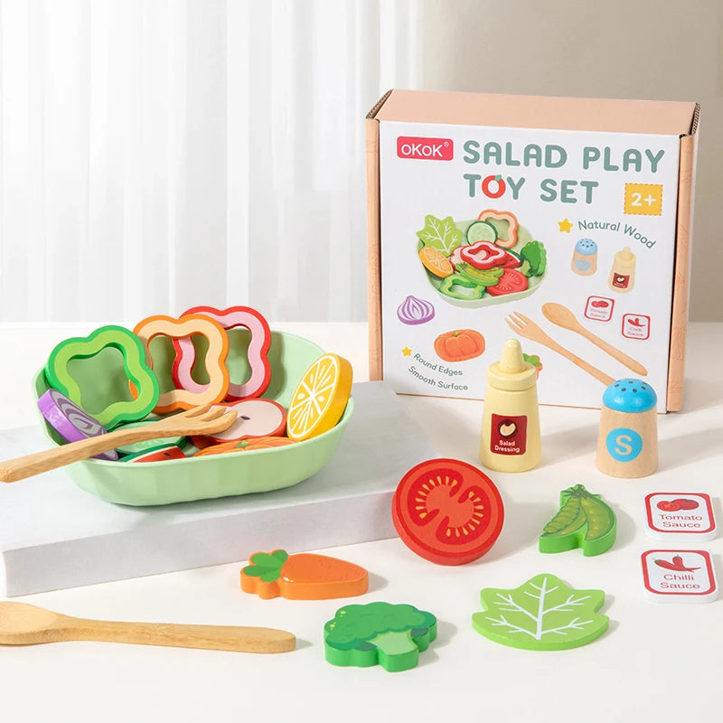 Wooden Kitchen Pretend Play Toy Simulation Wood Food Vegetable Salad Early Learning Chef Simulation Cooking Educational Toys