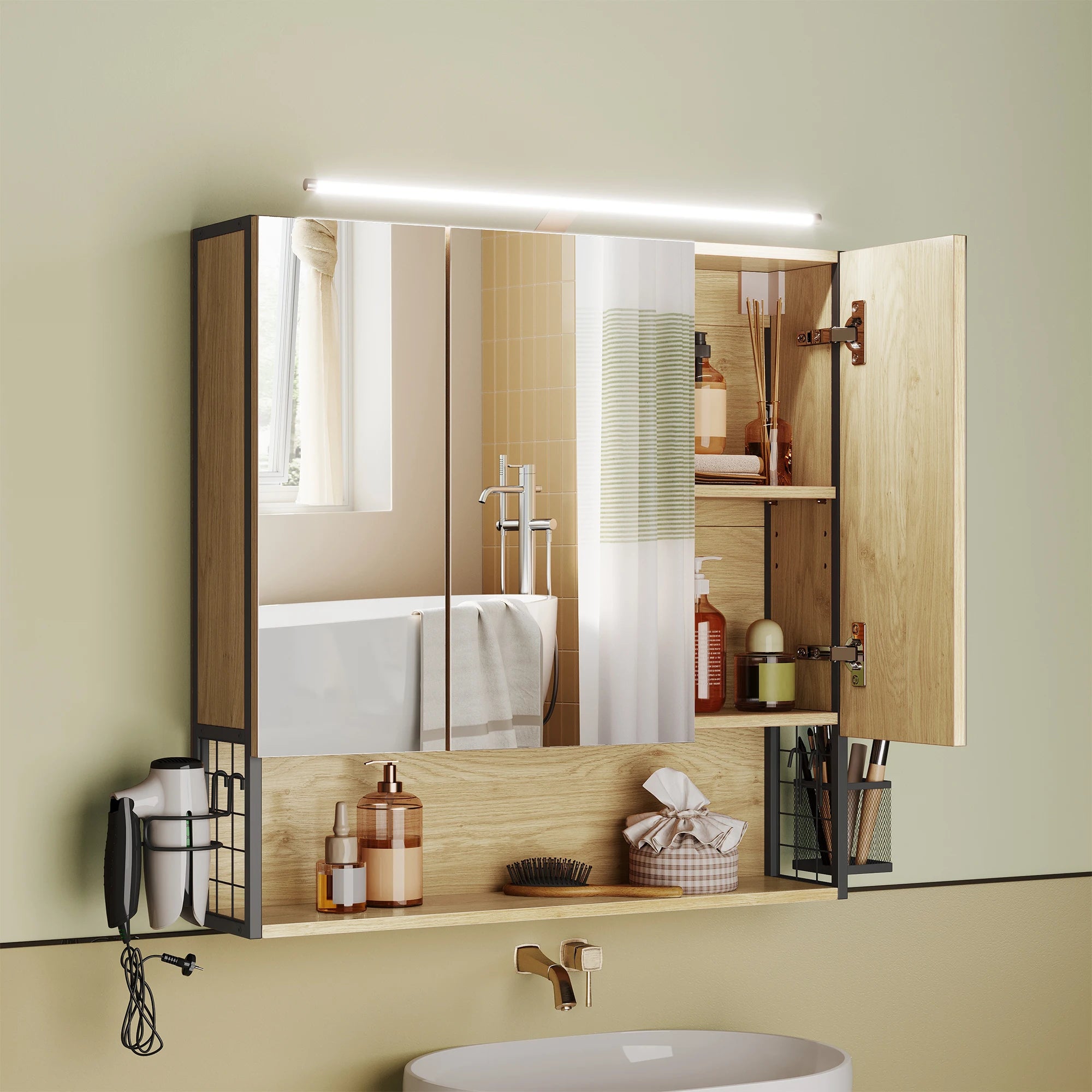 VASAGLE Mirror Cabinet Bathroom with Lighting Cable