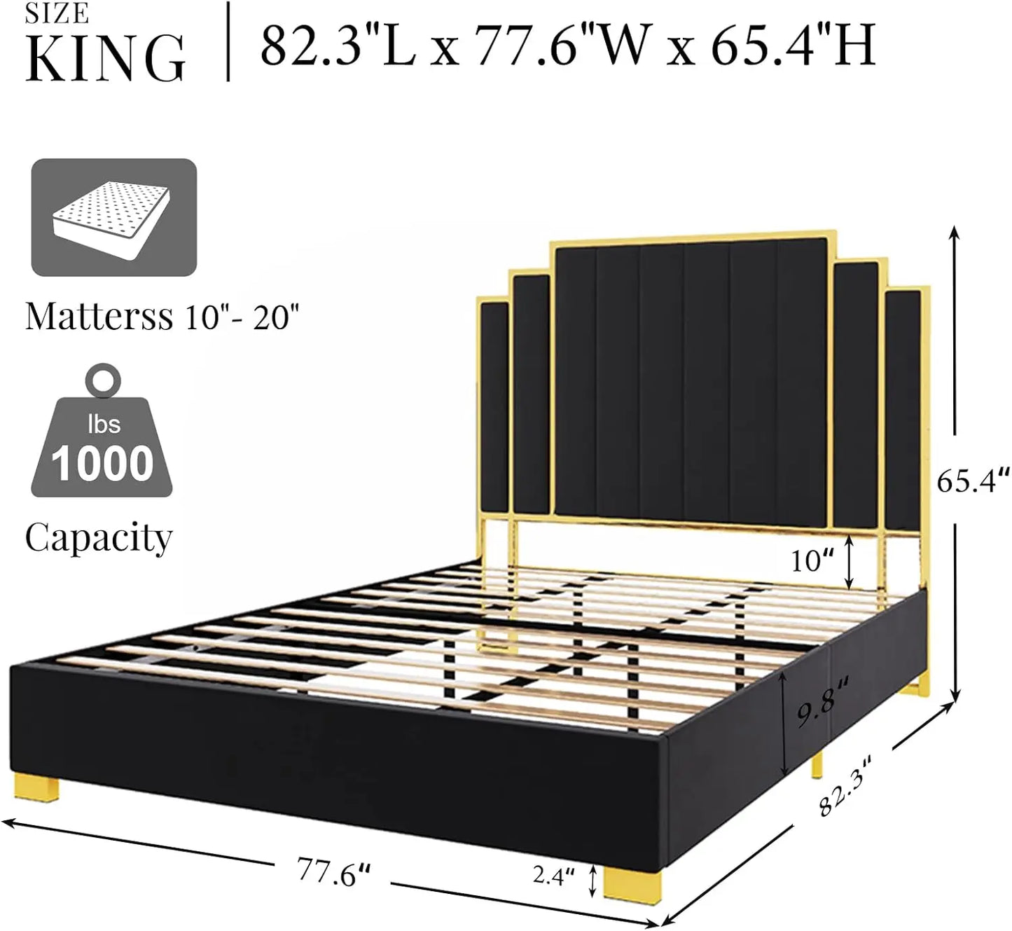 King Size Platform Bed Frame, 65" Velvet Upholstered Bed with Gold Trim Headboard/Wooden Slats/No Box Spring Needed/Black