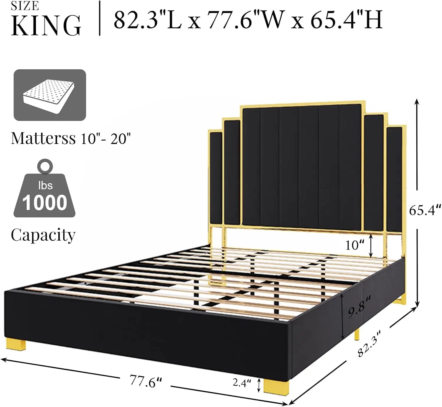 King Size Platform Bed Frame, 65" Velvet Upholstered Bed with Gold Trim Headboard/Wooden Slats/No Box Spring Needed/Black