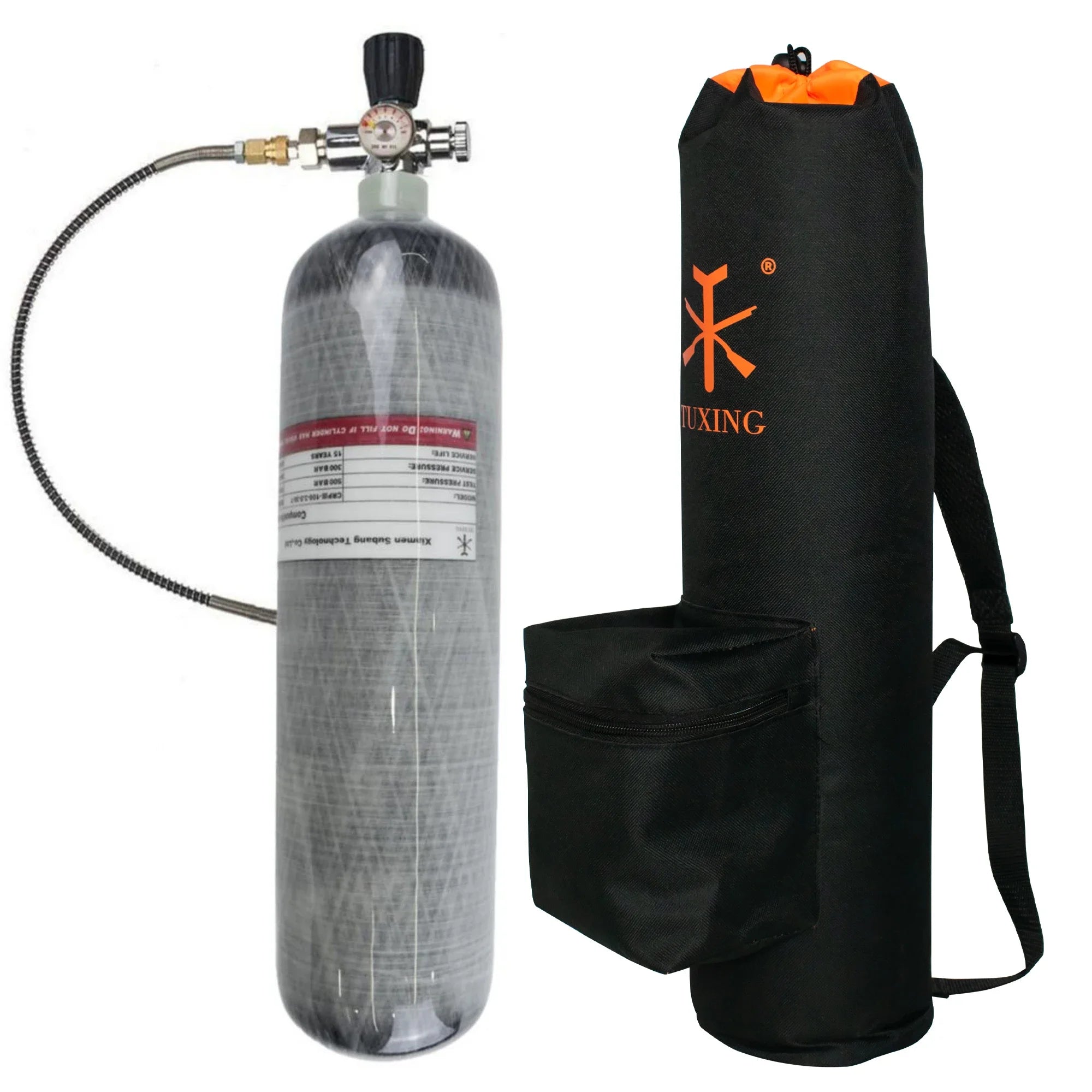TUXING 4500Psi 300Bar 3L Carbon Fiber Cylinder with High Pressure Charging Regulator Valve Protective Carrier Bag M18*1.5