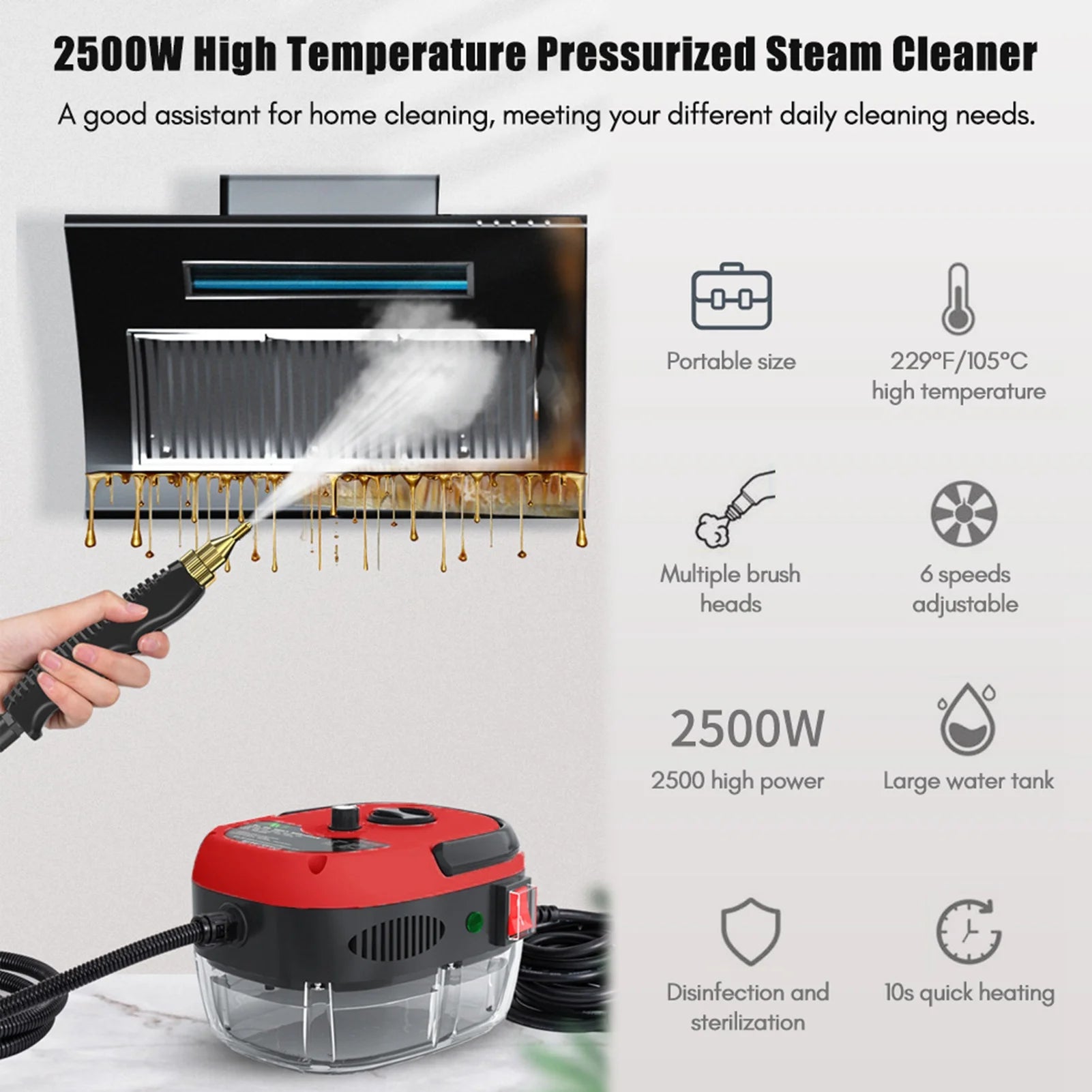 Handheld Steam Cleaner 2500W High Power 6 Speeds Adjustable Practical Steam Cleaner for Kitchen Refrigerator