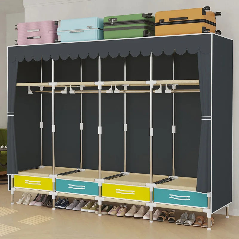 1 Piece of Simple and Modern Wardrobe, with Solid Color Curtain Door Curtain, Slide Rail, Assembly Rental, Economical, Sturdy, Durable, All-Steel Frame, Multi-Interface Fixed Home Storage Wardrobe, Suitable for Bedroom