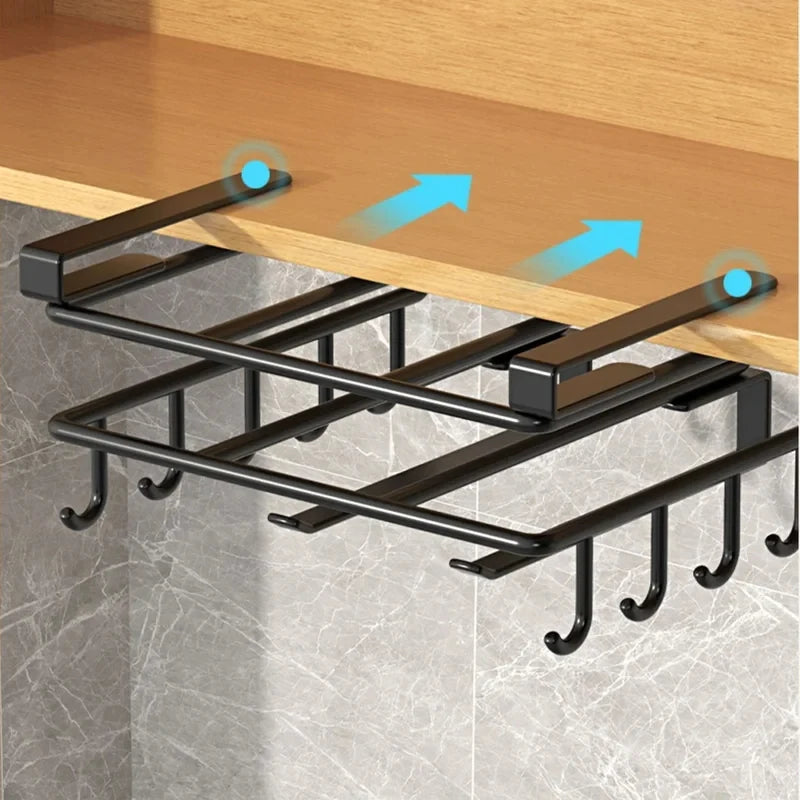 Under Cabinet Kitchen Hanging Organizer Rack with Hooks for Paper Towel Rags Cutting Board Pot Cover Storage