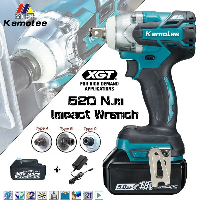 Kamolee 520N.m Brushless Electric Impact Wrench 1/2 and 1/4 Inch Household Wireless Charging Small 18V Battery Wrench Tool