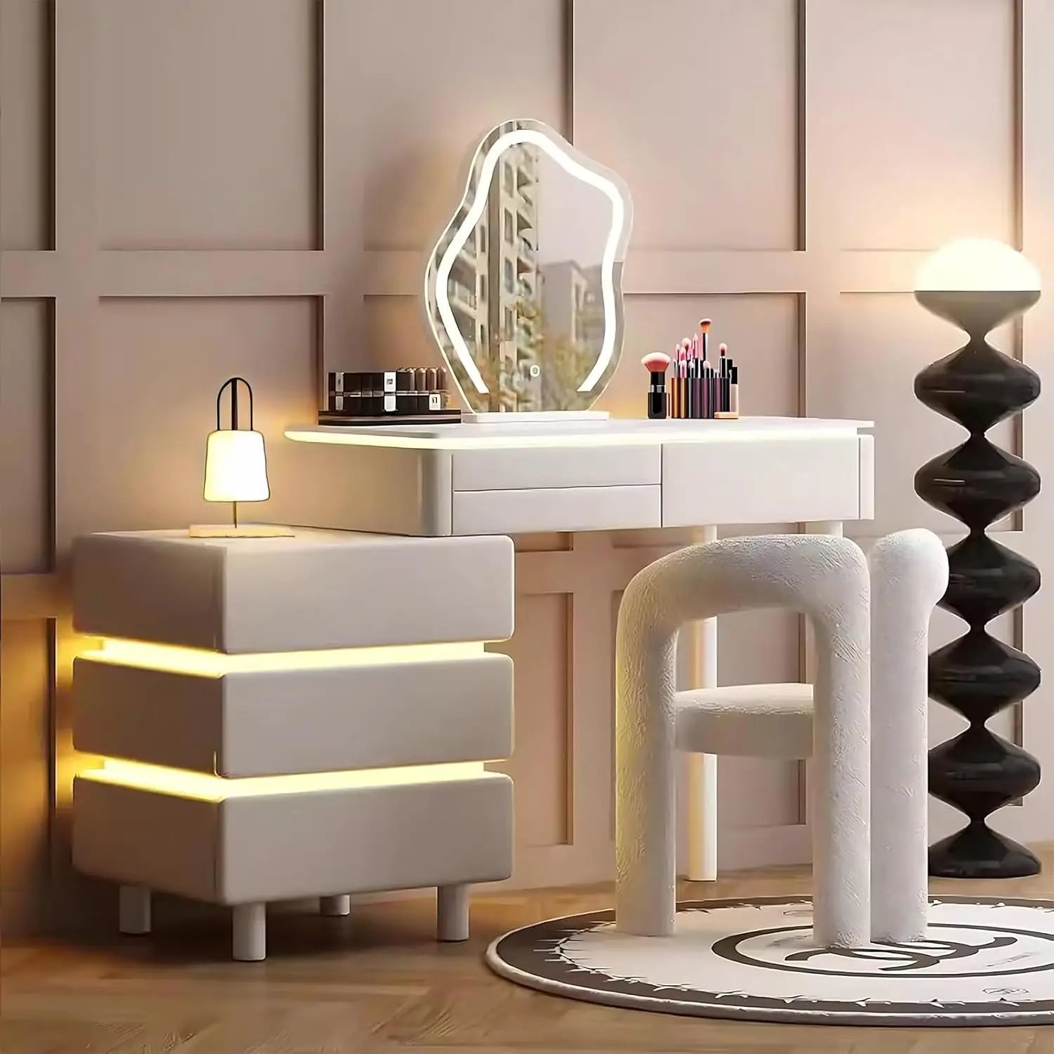 Vanity Desk Modern Vanity Table with Smart LED Mirror Minimalist Vanities Set Includes Expandable Side Cabinet with Wraparound L