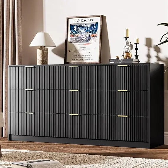 Black Dresser for Bedroom, 9 Drawer Double Dresser, Modern Chest of Drawers for Bedroom, Living Room, Entryway and Closet, 63" L