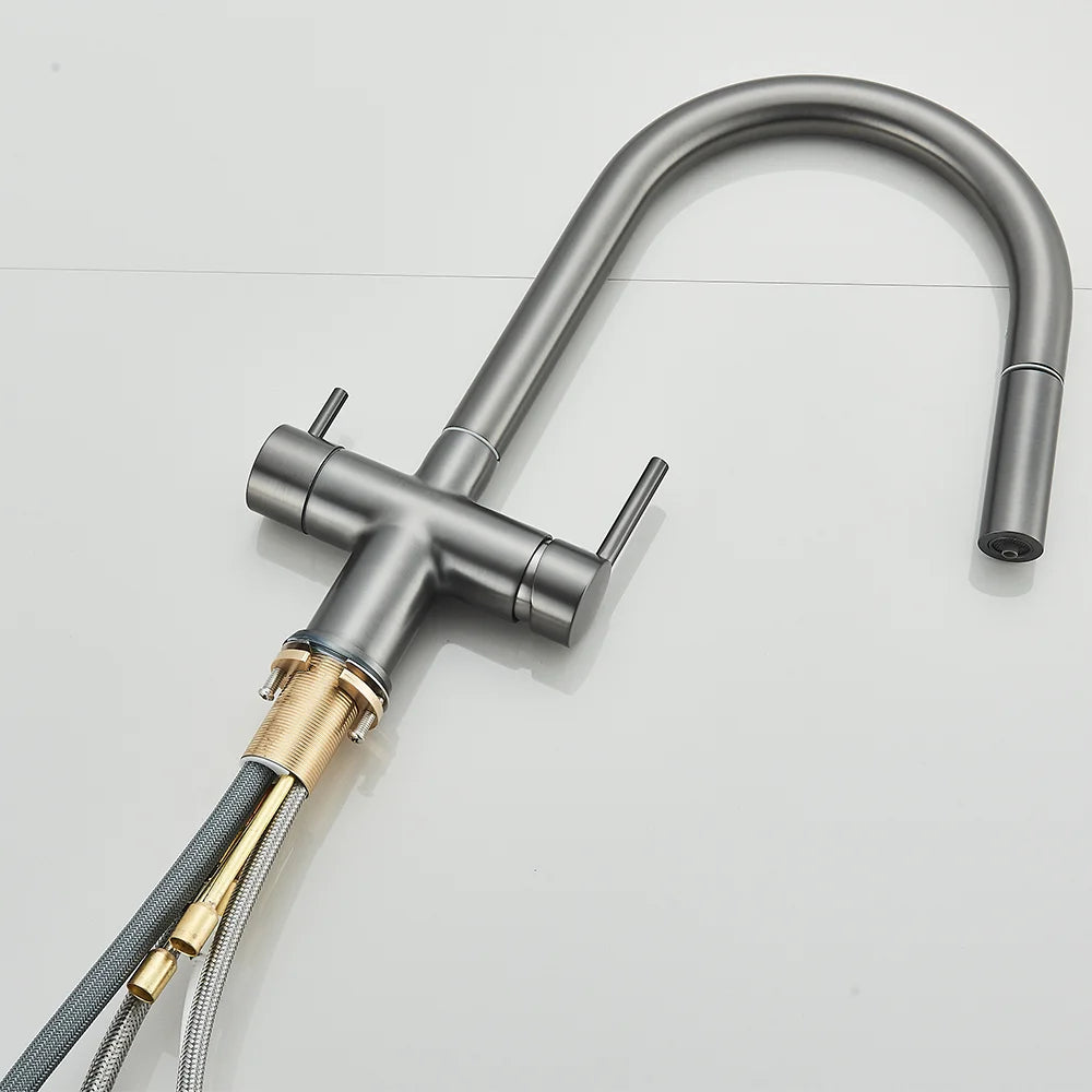 Gun Grey Dual Spout Kitchen Mixer Swivelling 360° Hot And Cold Water Mixer Pull-down Pure Water Faucet Twin-handle Kitchen Mixer