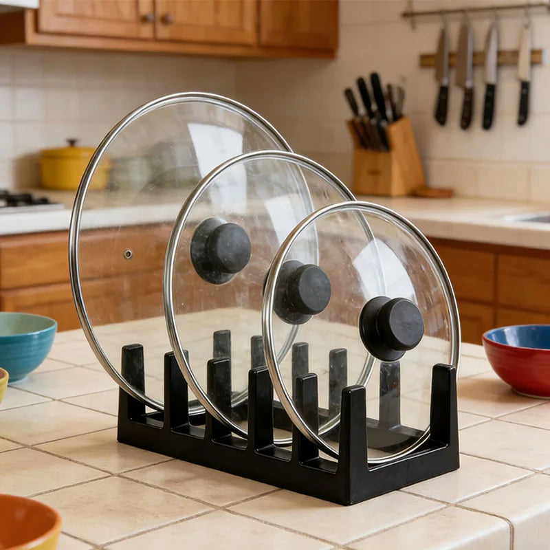 6-Grid Pot Lid Organizer Rack Space-Saving Kitchen Cookware Organizer Dish Cutlery Drain Rack Desktop Plastic Bookshelf