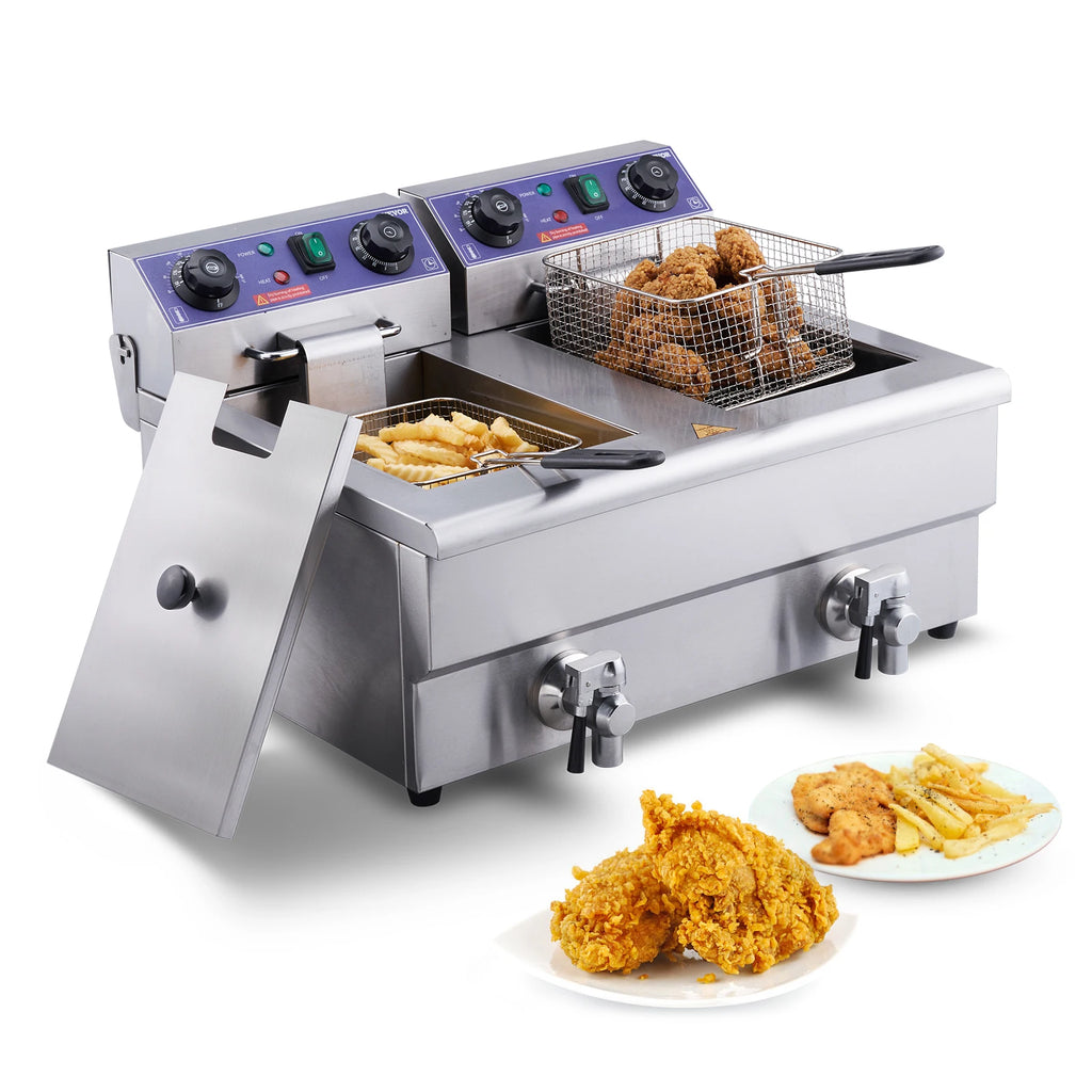 SucceBuy Commercial Electric Deep Fryer w/Dual Tanks 12L 3000W  Stainless Steel Countertop Fryer for Fried Chicken French Fries