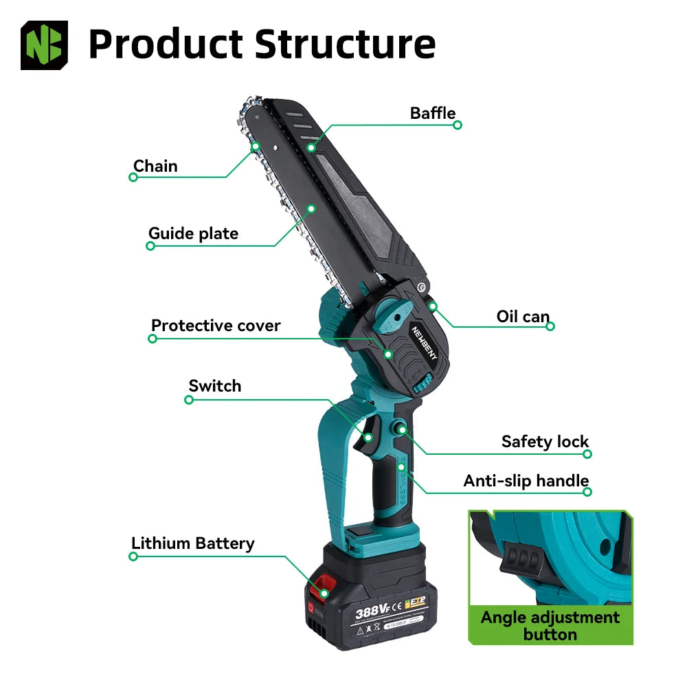 NEWBENY 8 Inch Brushless Electric Chainsaw with Oil Cordless Garden Pruning Chainsaw Woodworking Tool For Makita 18V Battery Pin