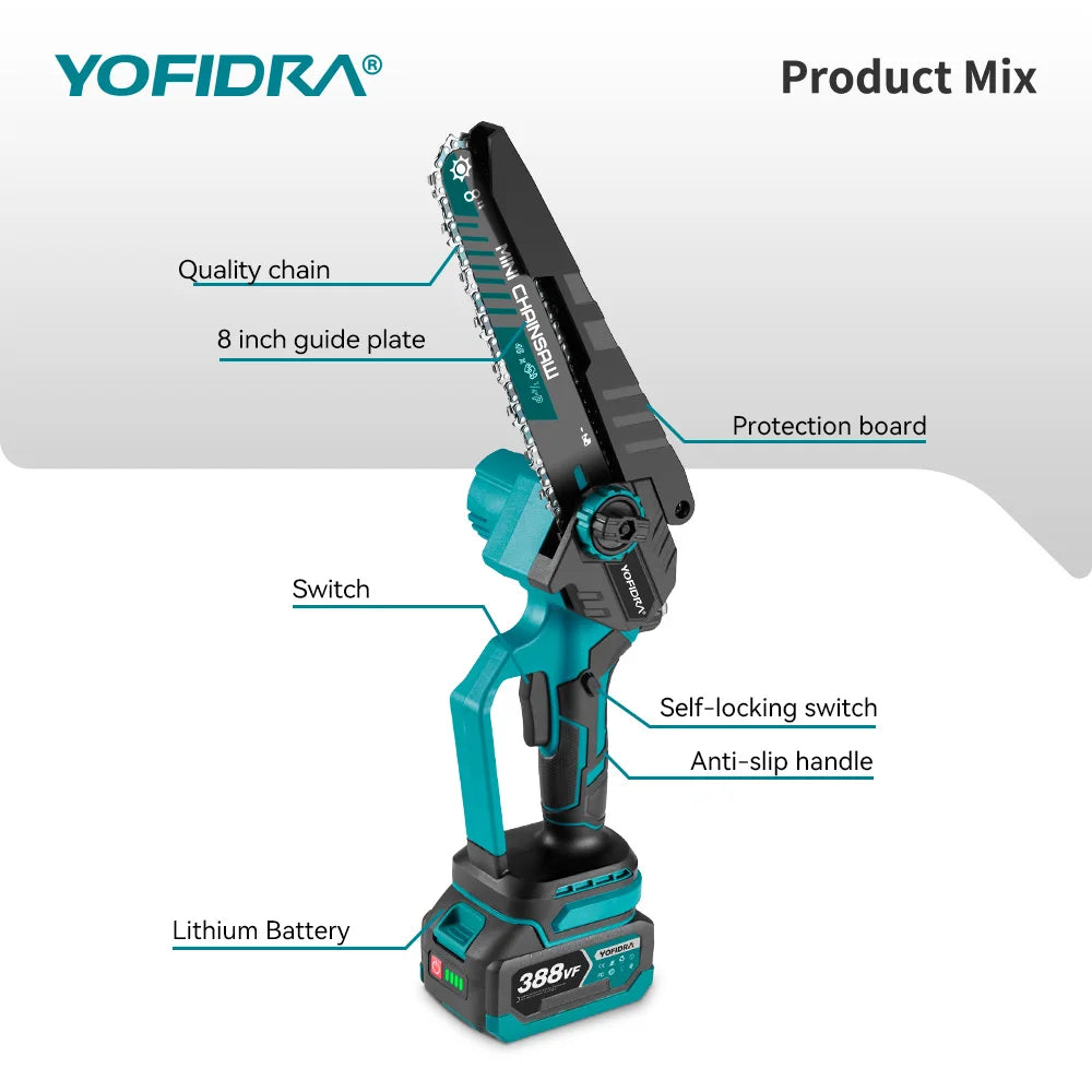 YOFIDRA Brushless 8 inch Electric Pruning Saw Chainsaw Rechargeable Woodworking Saw Power Tool Fit For Makita 18V Battery Pin