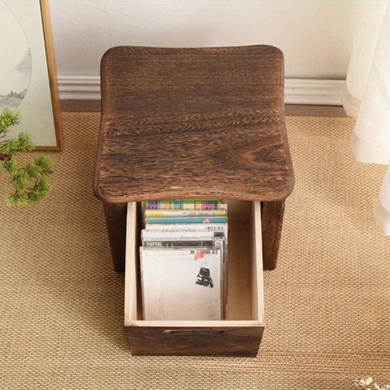 Dark Brown Wooden Shoe Changing Stool with Storage - Armless, Non-Padded, Classic