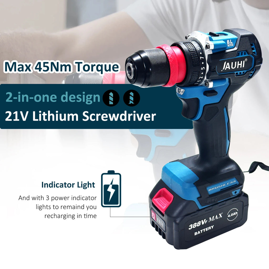 JAUHI 2in1 Brushless Electric Screwdriver 280N.m Multifunctional  Cordless Electric Screw Driver Drills for Makita 18V battery