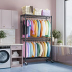 3 Tier Heavy Duty Rolling Garment Ra Wire Clothes Ra For Hanging Clothes, Metal Freestanding Closet Wardrobe With Double Rods