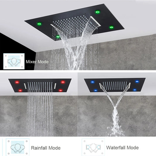 Black Ceiling Intelligent Remote Control LED Rainfall Waterfall Single Shower Head Concealed Shower Tap