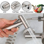 Brushed Nickel Wall Kitchen Sink Faucet with Bidet Sprayer Shower Head Stainless Steel Swivel Dual Hole Cold Hot Water Mixer Tap