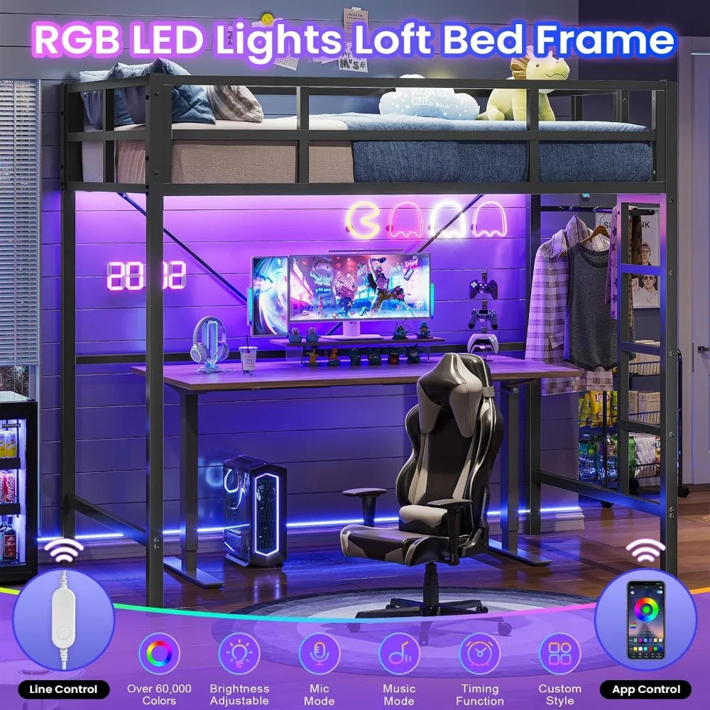 Twin Loft Bed with LED Lights, Metal Loft Bed Twin Size with Full-Length Guardrail Clothes Rack, Heavy Duty Metal Loft Bed Frame