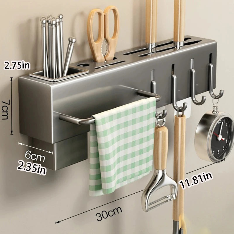 Multifunctional Wall-Mounted Kitchen Storage Rack, Heavy-Duty Carbon Steel Knife Holder, Knife Storage Rack with Hooks, No-Drill Installation, Home and Restaurant Storage for Knives, Cutlery, and Cutting Boards, Space-Saving