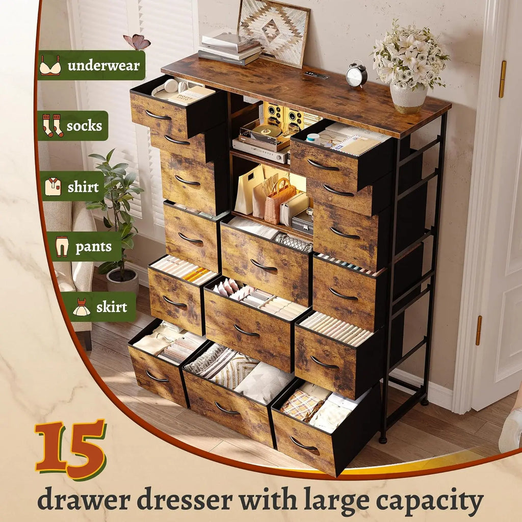 51"H Tall Dresser with 15 Drawers Dresser for Bedroom with Charging Station & LED Lights & Hutch Sturdy Fabric Bedroom Dressers