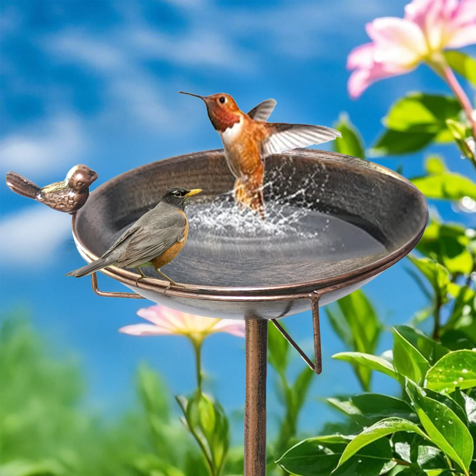 Metal Bird Bath for Outdoor, Vintage Birdbaths & Birdfeeder, Iron Bowl with Stake Birdbaths Garden Yard Lawn Decor