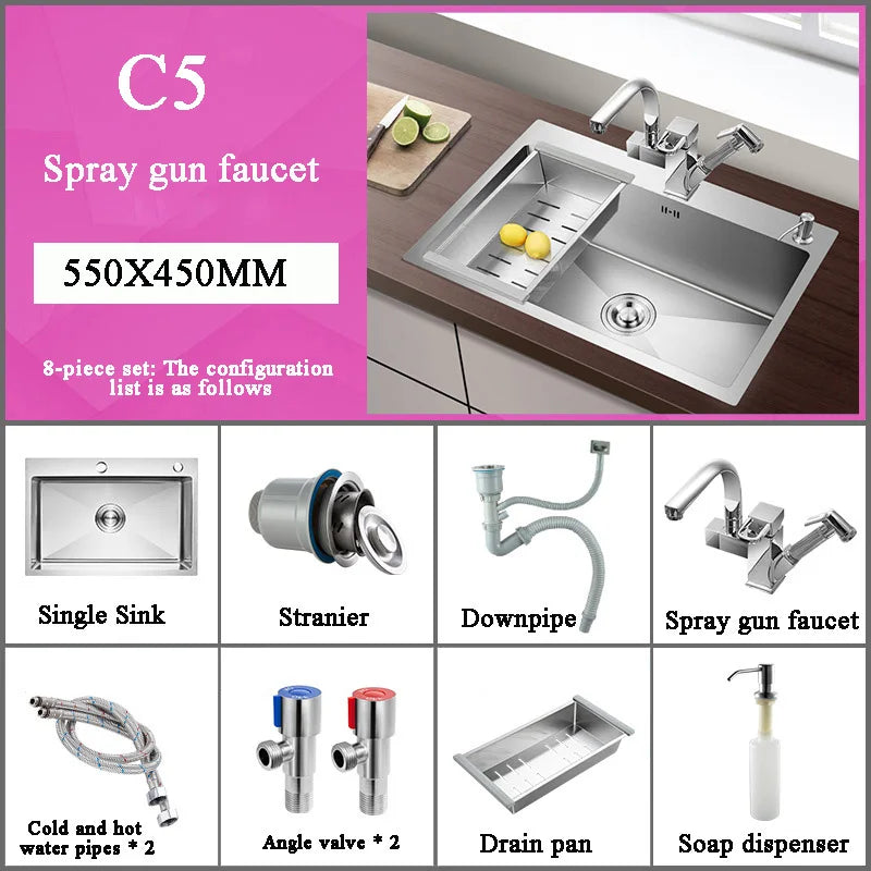 Stainless Steel Kitchen Sink Farm House Above Counter Undermounter Single Bowel Wash Basin with Faucet Drain Kitchen Accessories