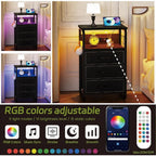 Bed Side Table with 3 Fabric Drawers,  LED Nightstand with Hooks, Bedside Table with Charging Station, End Table with Storage