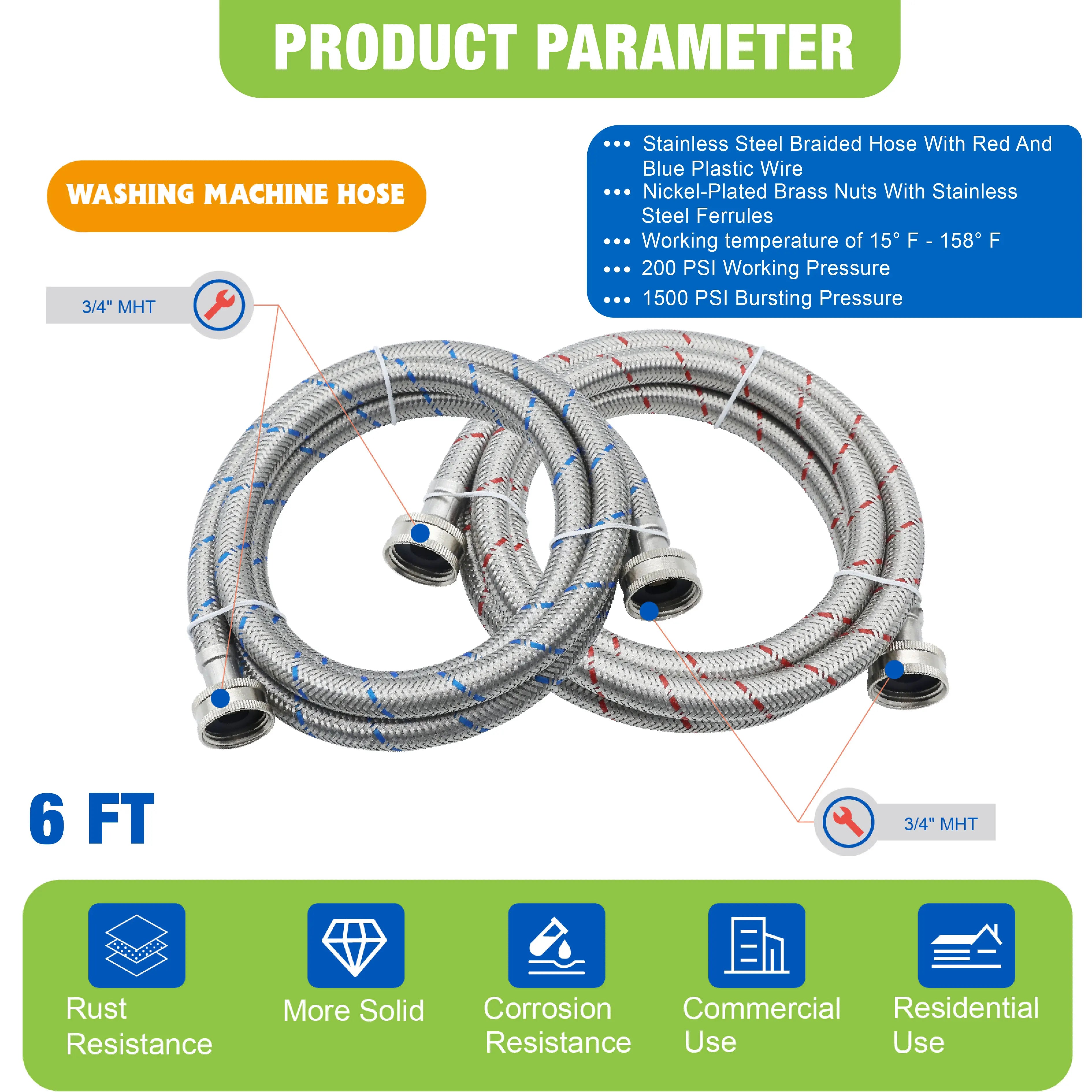 KING SMART 6 FT Washing Machine Hose; Premium Stainless Steel Braided Burst Proof for Hot and Cold Water Supply Lines; 81021